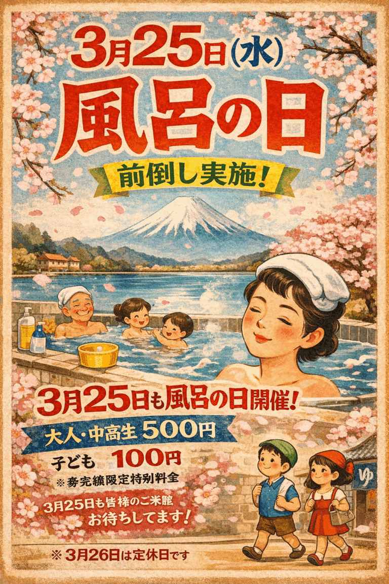 【3月25日（水）風呂の日 前倒し実施のお知らせ】